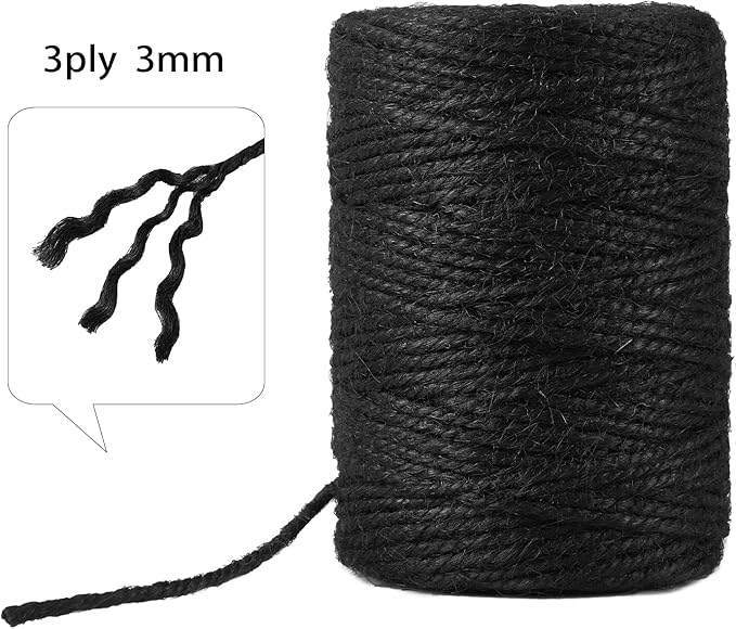 328 Feet 3mm Thick Black Natural Jute Twine, Garden Twine Heavy Duty Industrial Packing Materials String Wrapping, Arts, and Crafts, Halloween Wrapping, Gardening Applications