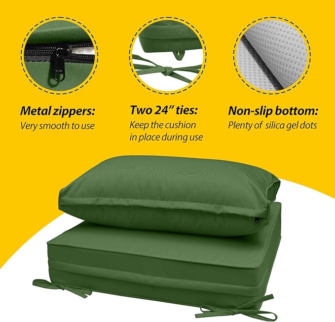 AAAAAcessories Outdoor Seat Cushions for Chairs, Fade-Resistant, Waterproof Patio Furniture Replacement Cushions, 25.5" x 25.5" x 5" + 25.5" x 13.5", Dark Moss Green