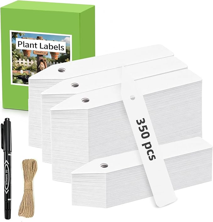 Plant Labels 350 PCS, Slim White Garden Plant Tags with Holes, PP Plastic Waterproof Labels with Permanent Marker, Jute Twine & Storage Box for Indoor & Outdoor Gardening (350PCS)