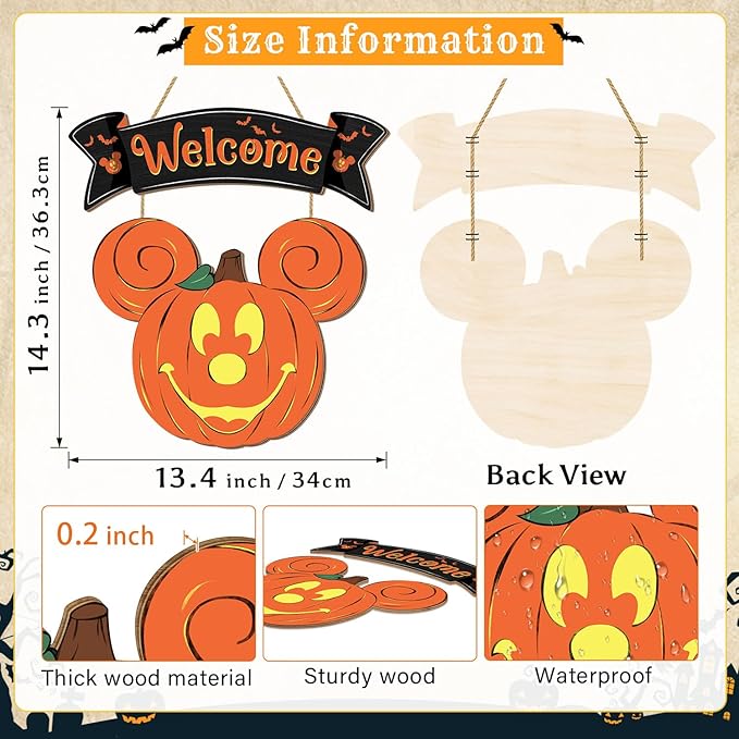 Halloween Mouse Pumpkin Decorations, Halloween Mouse Welcome Hanging Sign for Front Door, Happy Halloween Wooden Pumpkin Signs, Wood Door Hanger Ornaments for Home Window Wall Decor