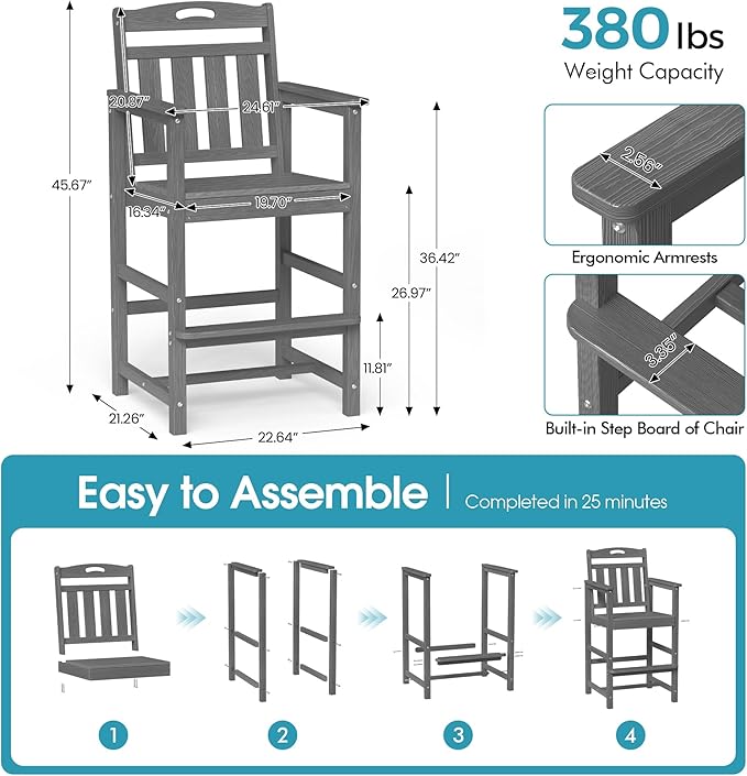 Ciokea Set of 2 Outdoor Tall Bar Chairs, 27" Bar Height Patio Stools with Arms & High Back, Heavy Duty All-Weather Adirondack Tall Chairs for Balcony, Poolside, Deck and Garden, Grey