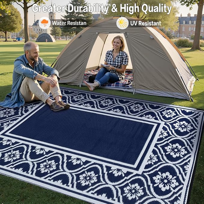 HUGEAR Plastic Outdoor Rug 6'x9' Waterproof Camping Carpet Outside Reversible Area Rug Blue Rugs for RV Deck Entryance Porch Picnic Balcony Beach