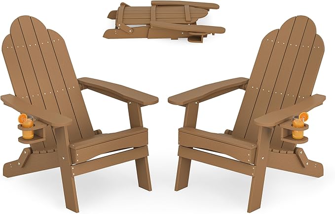 LUE BONA Folding Adirondack Chair, Chairs Set of 2, Cup Holder, Woodgrain, Fire Pit, Patio, Pool, Brown