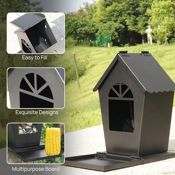 Squirrel Feeders for Outside，Squirrel Feeder with Foldable Metal Front Panel Perch Funny Metal Chipmunk House Hanging Tree Boxes Easy to Refill