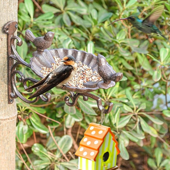 Sungmor Heavy Duty Cast Iron Bird Feeder with Hanging Bracket - Wall Mounted Bird Bath - Vintage & Lovely Birds Hanger Wall Hook for Planters, Lanterns, Wind Chimes and More Garden Decorative Items