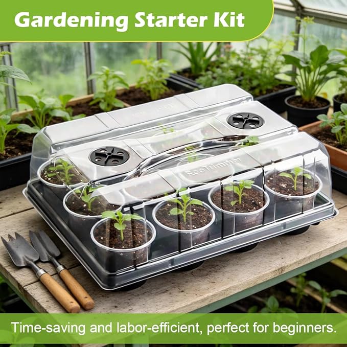 5 Pack 12 Cell Nursery Pot Trays with Adjustable Humidity Domes & 4 Inch Clear Pots 60 Pack, Sturdy Seed Starting Kit for Greenhouse Garden, Reusable Plant Growing Germination 5 Sets