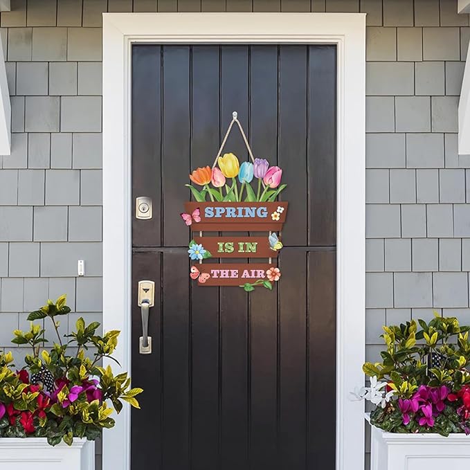 HOURIA Spring Is In The Air Wooden Door Sign(12”x14”),Colorful Tulip Flower Butterfly Spring Wall Hanging Sign,Spring Decorations for Home Garden Porch