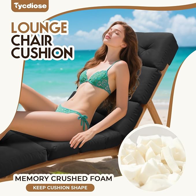 All Weather Chaise Lounge Cushions Outdoor Lounge Chair Cushion, Waterproof Memory Foam Chaise Lounger Chair Cushion Replacement for Outdoor Patio Furniture with Non-Slip Back and Ties, Black