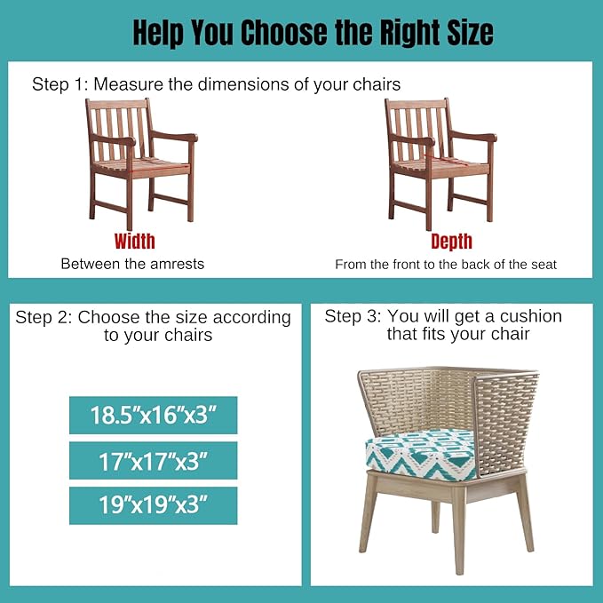 idee-home Outdoor Chair Cushions Set of 2, 17" x 17" x 3" Thick D-Shaped Patio Furniture Outdoor Seat Cushions Waterproof with Ties, Dining Pads