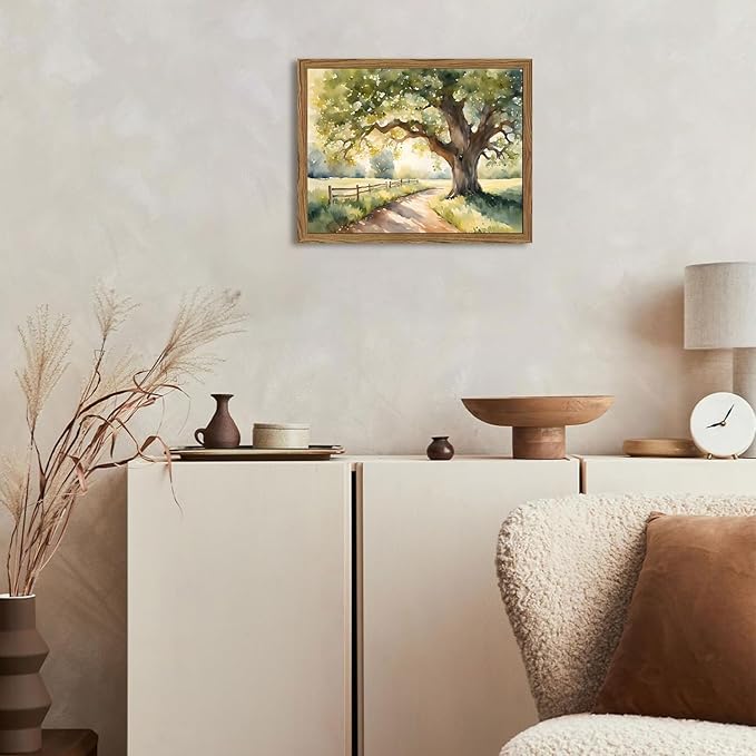Framed Vintage Tree Landscape Wall Art, Watercolor Country Road Nature Wall Decor Paintings, Rustic Countryside Pictures Canvas Prints Aesthetic Home Decor for Living Room Bedroom Bathroom 8x10 inch