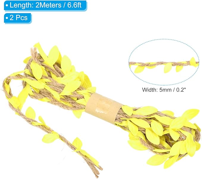 PATIKIL 6.6ft 5mm Burlap Leaf Ribbon, 2 Pack Braided Decoration Vine Natural Jute Rope Twine with Artificial Leaves for Jungle Wedding Party Home Garden Decor, Yellow
