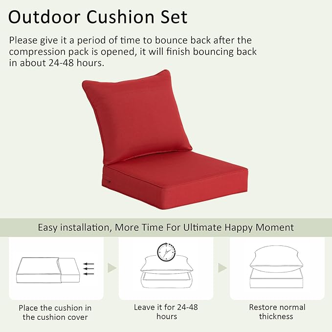 COZYVIDA Outdoor Deep Seat Cushion Set of 2, 22"x24" Seat & 23"x19" Back, C0 Water-Resistant Breathable Fabric, UV-Resistant 1000+ Hrs, 30D Foam with Recycled Fiber Fill,Chili
