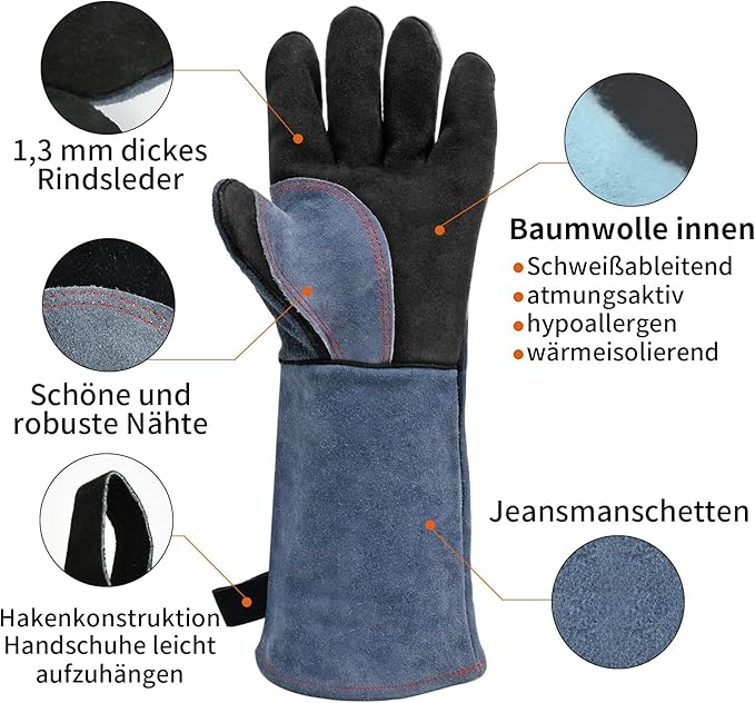 H HZXVOGEN Welding Gloves Fireplace Gloves Fire Heat Resistant 932℉ Fireproof Leather Mitts for Stove BBQ Grill Oven MIG TIG