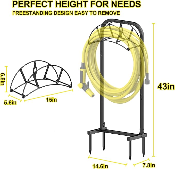 Suchek Garden Hose Holder, Upgraded 4 Spikes Water Hose Holder, Heavy Duty Hose Stand Holds 150ft Hose, Freestanding Hose Hanger, Hose Storage Organizer for Outside Yard Lawn (Black)