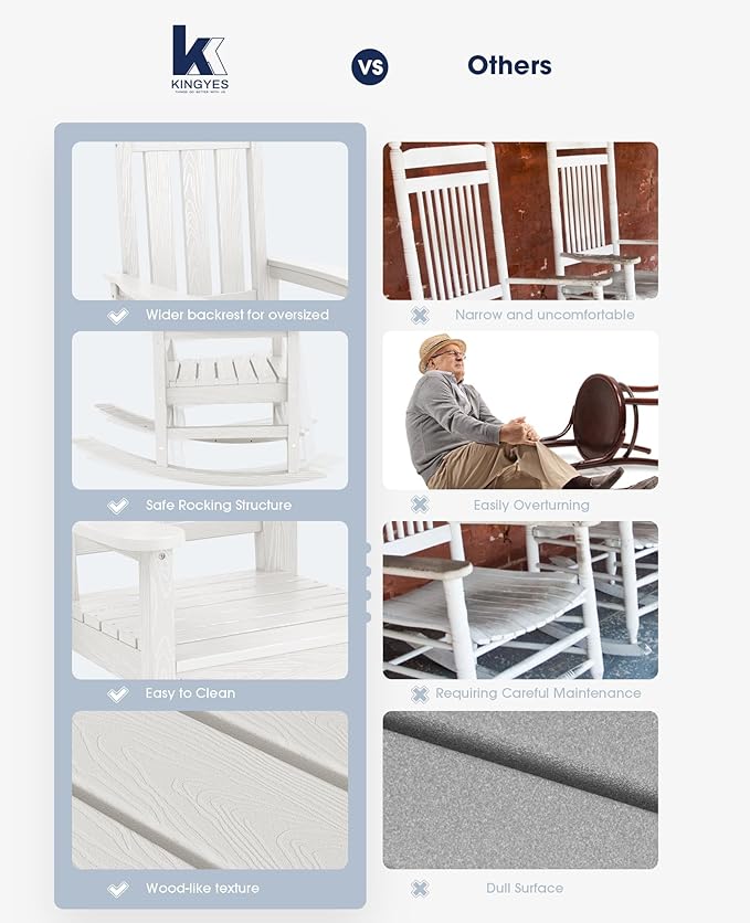 KINGYES Outdoor Rocking Chair Set of 2, All-Weather Patio Rocking Chairs for Porch, HDPE Rocking Outdoor Chairs with High Back for Adult, Heavy Duty Outdoor Patio Rockers for Garden, Lawn, White