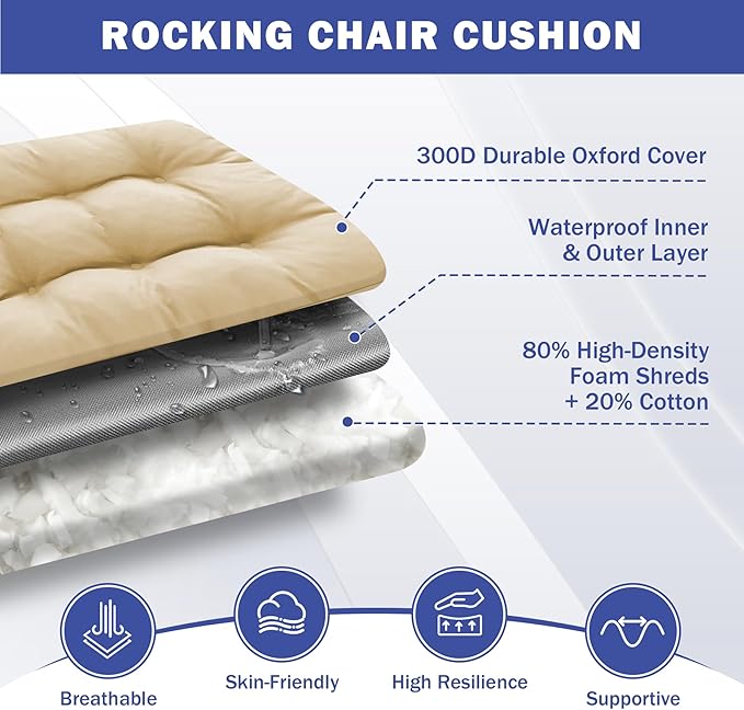 Rocking Chair Cushion, Waterproof and Fade-Resistant Patio Chair Cushions, Tufted Chair Pads for Rocker Furniture, 18x18 Inch, Indoor/Outdoor Seat Cushions with Ties, Beige