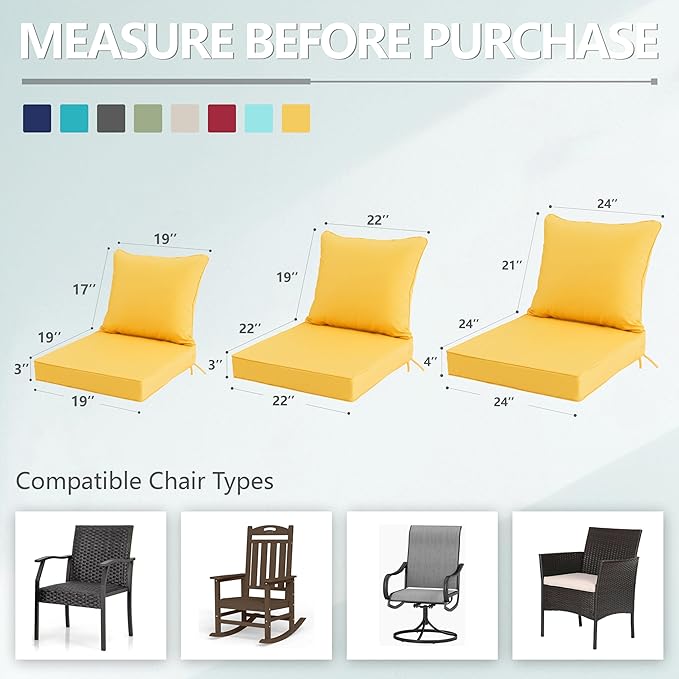 24x24 Inch Outdoor Chair Cushions Set of 2, Patio Furniture Cushions - Removable Cover, Water-Repellent, Fade-Resistant, Non-Slip Bottom & Straps, Replacement for Deep Seat Sofa & Couch - Yellow