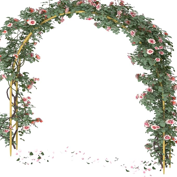 Queension Metal Wedding Arch for Ceremony Party Decoration 7Ft Wide 7.7Ft High,Garden Arch Trellis with Ground Bases for Climbing Plants,Outdoor Garden Arbor for Roses Vines, Round Frame, Gold
