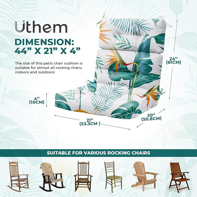 Rocking Chair Cushion, Waterproof Chairs Cushions for Adirondack Chairs Patio Chair High Back Thicked Cushions Outdoor and Indoor with Ties, Green Leaf