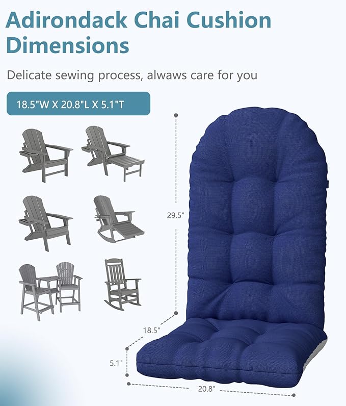 Adirondack Chair Cushion, Thickened High Back Patio Cushions with Ties and Non-Slip Bottom, Water-Resistant and UV-Protected Patio Chair Cushion for Indoor and Outdoor, Dark Blue