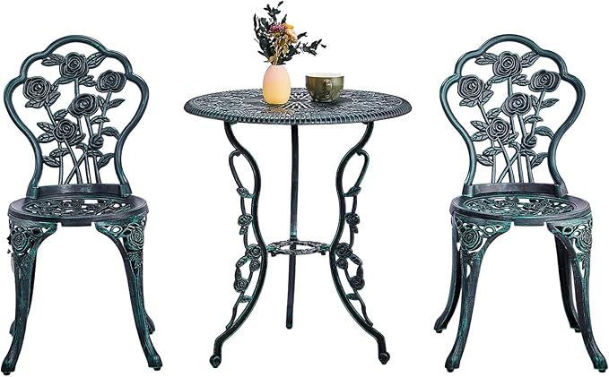 VINGLI 3 PCS Outdoor Bistro Set, Outdoor Patio Set, All-Weather Cast Aluminum Bistro Table Set, Bistro Table and Chairs Set of 2 for Backyard, Garden, Balcony (Green, Rose)