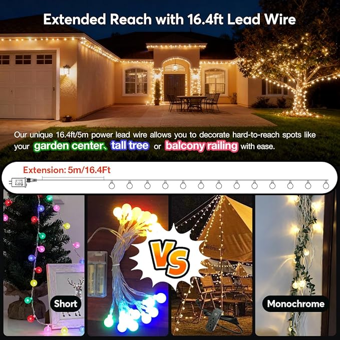 180ft Globe String Lights with 16ft Extended Lead & Stable Remote - 300 LED Warm White, 8 Distinct Modes, IP44 Waterproof & UL Listed for Backyard Wedding Patio Garden Large Area Decoration