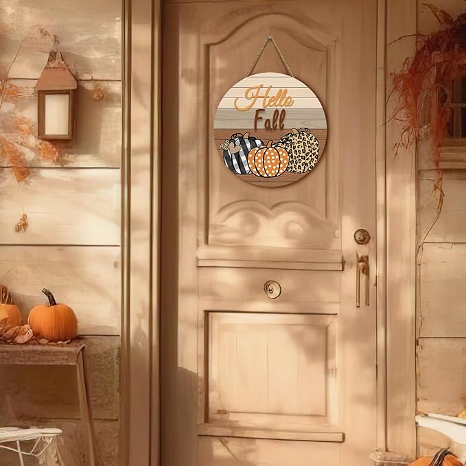 Hello Fall Pumpkin Wooden Door Signs Autumn Harvest Sign Front Door Decor Plaid Pumpkin Farmhouse Door Hanger Decorations for Home Front Door Wall Office Decor