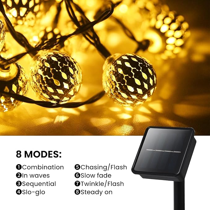 Solar String Lights Outdoor 60LED Moroccan Fairy Lights with 8 Modes Solar Garden Lights Outdoor Waterproof Globe String Lights for Garden Patio Wedding Diwali Christmas Decor, Warm White