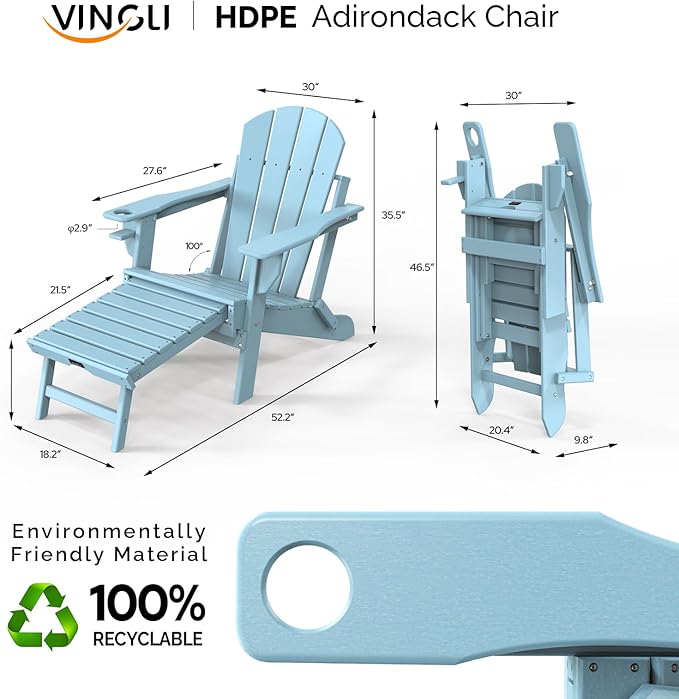 VINGLI Folding Adirondack Chair Set of 2 with Ottoman, Waterproof Plastic HDPE Firepit Chair for Outside with Hidden Footrests, Foldable Ergonomics Seating for Patio Porch Yard Garden(Blue)