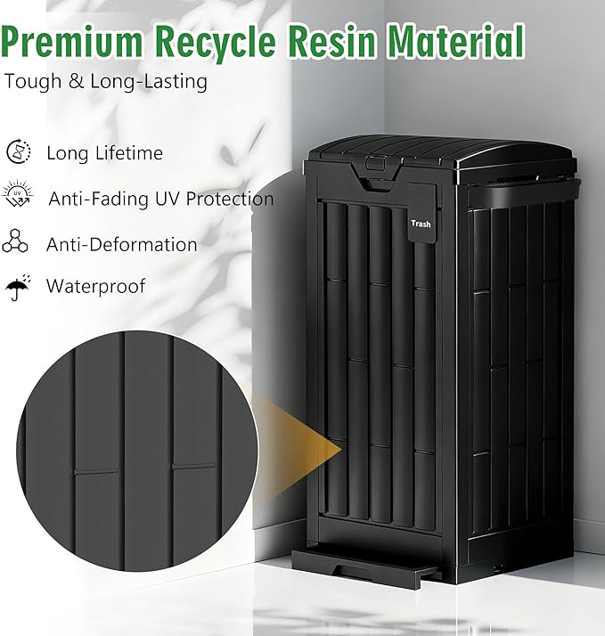 Outdoor Trash Can, 30 Gallon Garbage Can with Tiered Lid and Drip Tray, Waterproof Resin Waste Bin for Patio, Garden, Backyard, Deck, Black