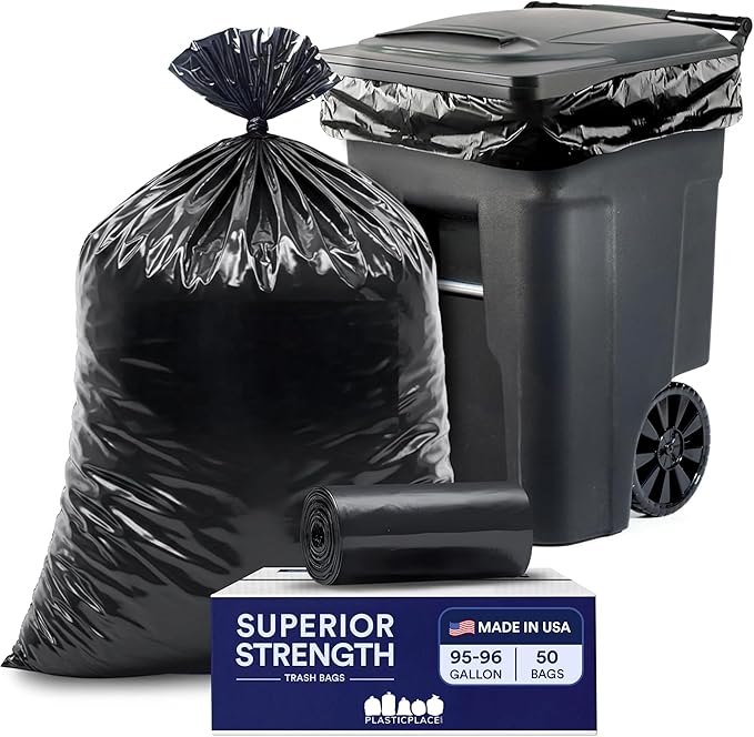 Plasticplace 95-96 Gallon Heavy Duty Trash Bags, Garbage Bags, Puncture-Resistant, Fits Rollaway Cans & Drums, Durable Large Plastic Bags (50 Count)
