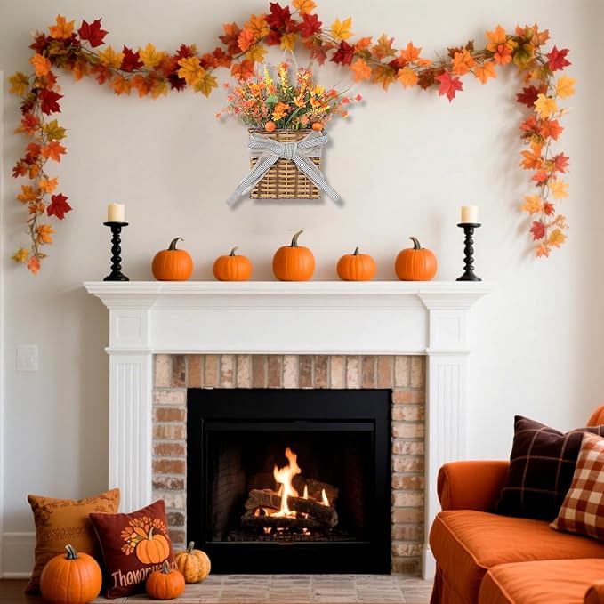 Thanksgiving Fall Door Hanger Basket Wreath Orange Pumpkin Wreath, Artificial Autumn Pumpkin Wreaths with Mixed Leaves Sunflower for Front Door Indoor Outdoor Decor Farmhouse Harvest Orange Wreaths