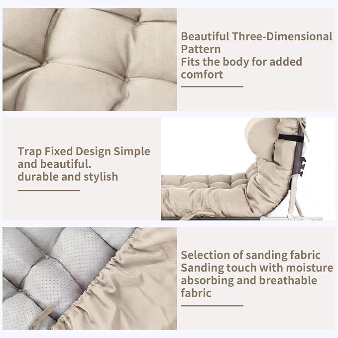 Tudomro 2 Pcs Light Beige 66'' Outdoor Chaise Lounge Cushion Waterproof Patio Lawn Pool Chaise Lounge Cushion with Headrest Pillow & Ties Weather Fade Resistant Replacement Longue Chair Pad