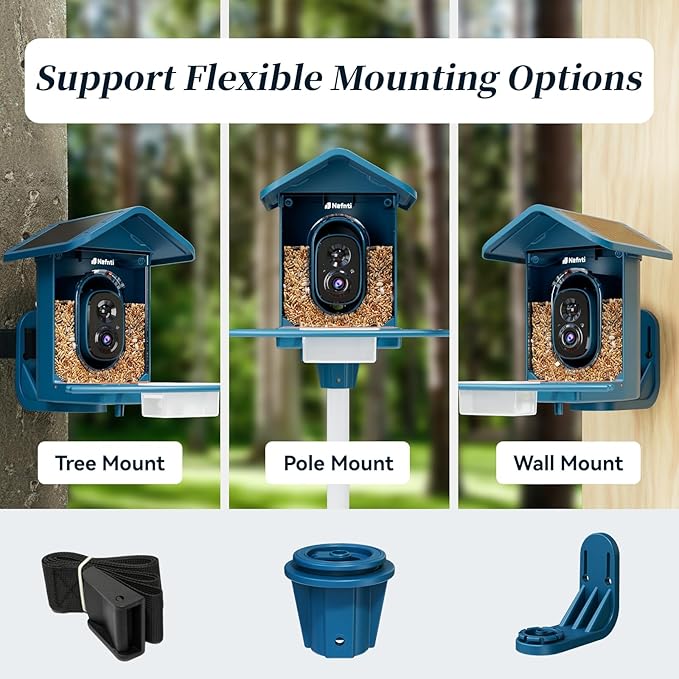 Smart Bird Feeder with Camera Solar Powered, 5GHz/2.4GHz, 2K HD Live View, AI Bird Species Identify, Instant Arrival Alerts, Weatherproof Outdoor Bird Feeder Camera, Best Gift for Bird Lovers