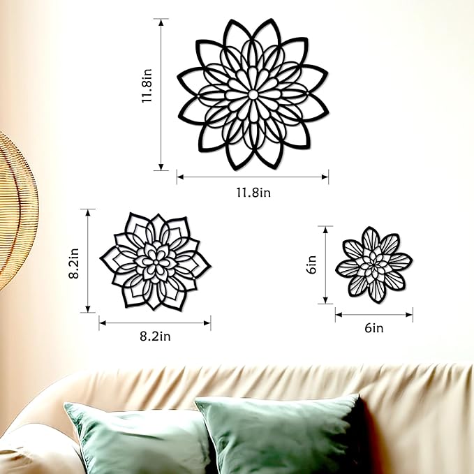 Zzbakress 3 Pieces Metal Flowers Wall Decor, Black Wall Decors, Flower Art Wall Decor Farmhouse Wall Decoration Multiple Flowers Hanging Decor for Bathroom Living Room Garden Office (Black Elegant)