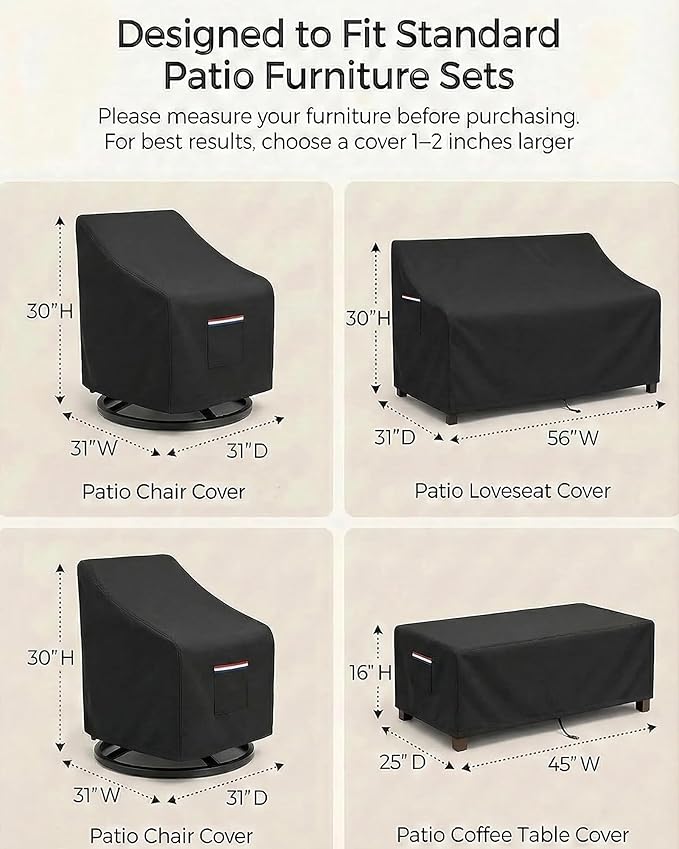 4-Piece Patio Furniture Cover Set, Waterproof Outdoor Furniture Covers for Loveseat, Patio Chairs & Coffee Table, Heavy-Duty 600D, Fade & UV-Resistant, Breathable, All-Season Protection, Black
