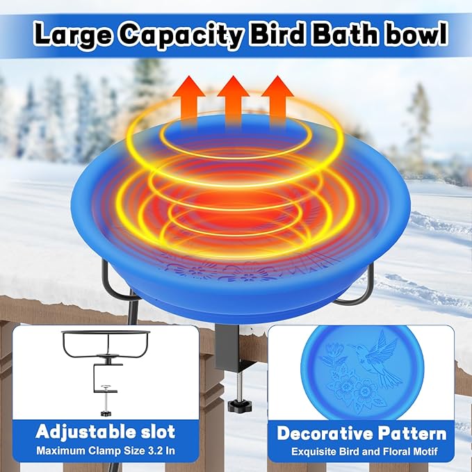 Heated Bird Baths for Outdoors Winter,100W Thermostatically Controlled Heated Bird Bath for Deck Railing Adjustable Metal Clamp Heated Birdbath for Outside Garden Patio Yard Lawn(Blue)