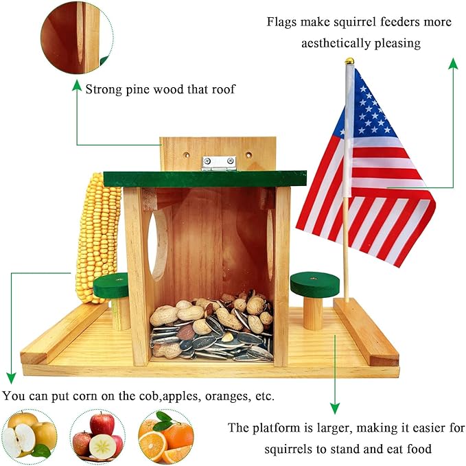 Squirrel Feeders for Outside, Wood Squirrel Picnic Table Feeder The Nut Bar with Corn Cob Holder, Wooden Squirrel Feeding Stations with Green Cover, Easy to Fill, Coated Waterproof