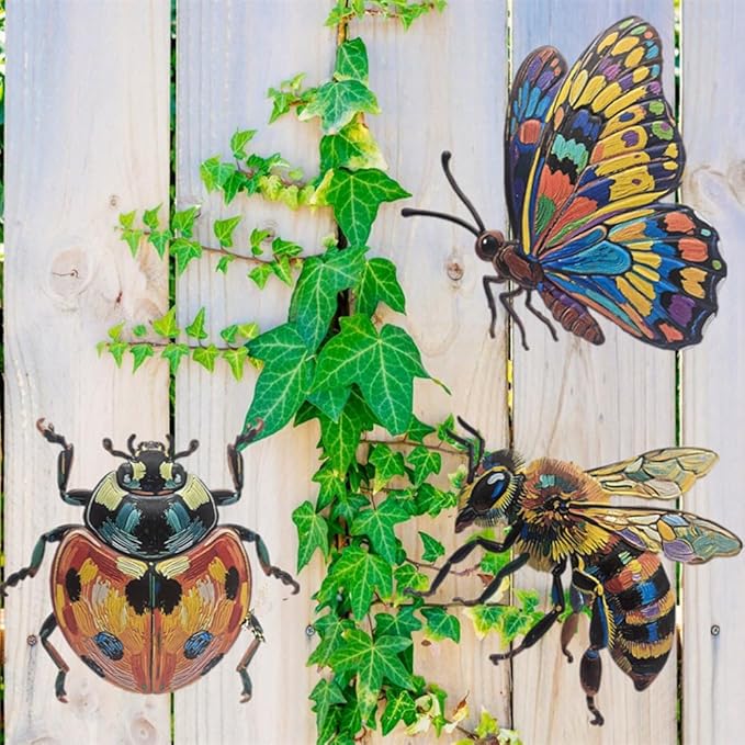 ZZHMASPLAY 3Pcs Bee Ladybug Butterfly Metal Wall Decor,9.84" Outdoor Hanging Wall Art Sculptures Decoration for Room Fence Garden Yard Patio Balcony