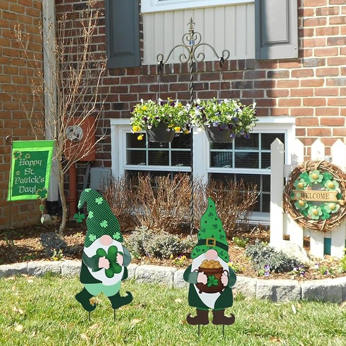 YEAHOME St Patricks Day Decorations Outdoor, 2 Pack Green Gnomes Decorative Garden Stakes for St Patricks Day Decor, Metal Yard Signs for The Home Garden Lawn Patio Decorations
