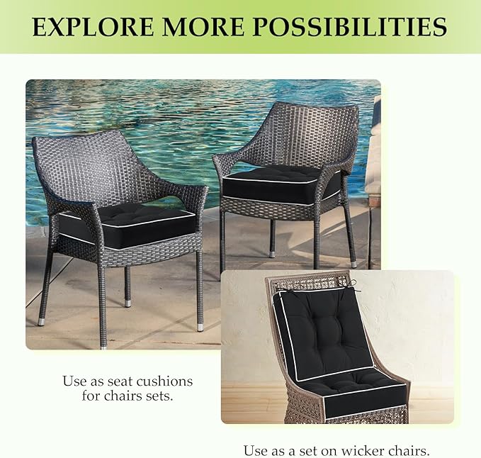 HARBOREST Outdoor Chair Cushions Set of 2, Tufted Patio Chair Cushions with Ties, Square Corner Outdoor Cushions for Patio Furniture, Lawn Chairs, Wicker Chairs, 17" x 17" x 5", Black