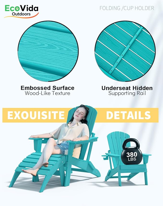 3-Piece Folding Adirondack Chair Set - 38" Extra Tall Back & Embossed Wood Grain, Oversized HDPE Patio Furniture with Side Table & Cup Holders, 380lb Heavy Duty, Aruba Blue