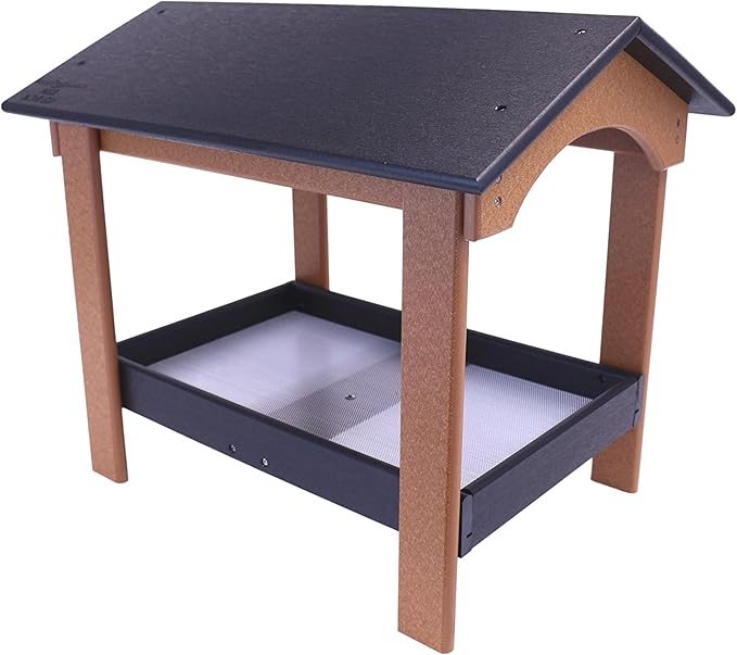 AmishToyBox.com Ground Bird Feeder, Deluxe Fly-Through Covered Feeder for Birds and Squirrels with Screen Mesh Tray (Black/Cedar)