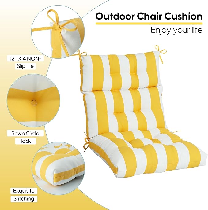 Only choice High Back Adirondack Chair Cushion Set of 2-44”x 22”x 4” Waterproof, Fade-Resistant Outdoor Rocking Chair Cushions for Patio, Garden, Porch (2, Yellow White Stripes)