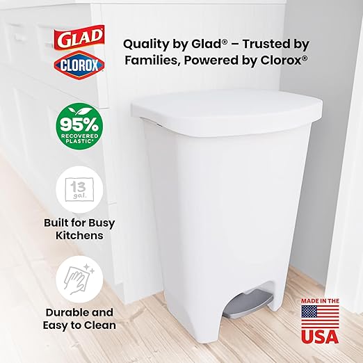 Glad 13 Gallon Trash Can | Plastic Kitchen Waste Bin with Odor Protection of Lid | Hands Free with Step On Foot Pedal and Garbage Bag Rings, 13 Gallon, White
