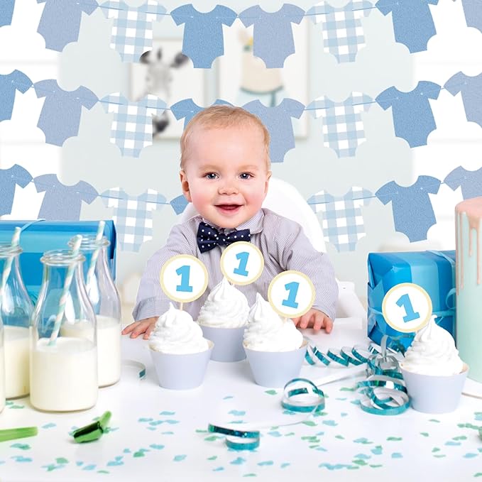 Blue Bodysuit Decoration Banner, Blue Gingham Party Decorations, Baby Shower Party Supplies Birthday Banner Decor for Boys Girls Baby Shower Decorations