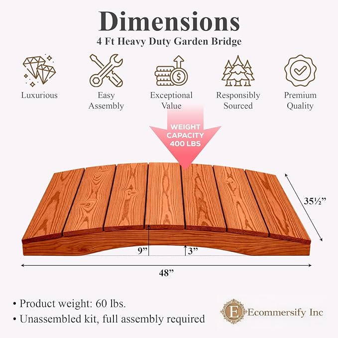 4 FT Cedar Amish Made Pinewood Heavy Duty Garden Bridge for Walkway, Backyard Pond & Landscaping, Outdoor Wooden Footbridge for Koi Pond, Japanese Style Decorative Bridge, Made in USA