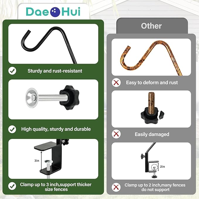 DAEHUI Deck Bird Feeder Hanger with 3in Clamp for Railing 41 Inch Bird Feeder Pole 360 Degree Swivel Plant Hooks for Hanging Baskets Wind Chime Lantern (2 Packs-3In Clamp Deck Hook)