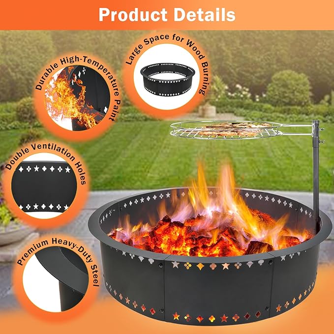 Fire Pit Ring with Grill 36" Fire Ring for Outside Fire Pit,Large DIY Fire Rings for Outside Wood Burning Smokeless Firepit Insert Liner Above/In-Ground Camping Firepit Ring for Outdoor Picnic BBQ