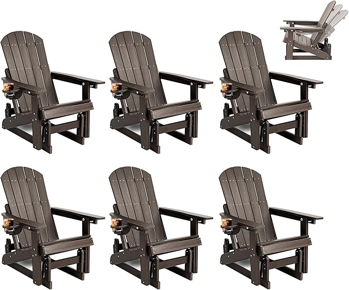 3-Position Adjustable Adirondack Chair with Cup Holder Set of 6, HDPE All-Weather Outdoor Glider Chair, Wood-Grain Fire Pit Chairs for Pool, Yard, Deck (Coffee Brown)